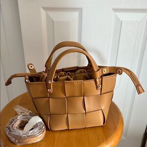 Forever 21 Brown Faux Leather Tote with Woven Design and Gold Accents
